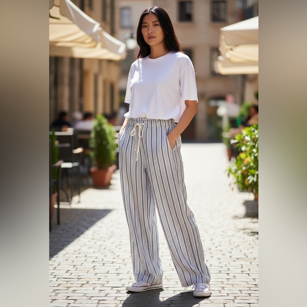 LOFT White Blue Striped Wide-Leg Drawstring High Rise Relaxed Pants Size ST